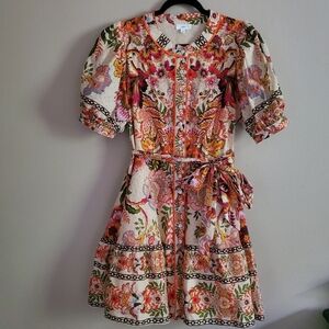 a loves a Floral Paisley Print Puff Sleeve Button Front Lined Mini Dress Size L